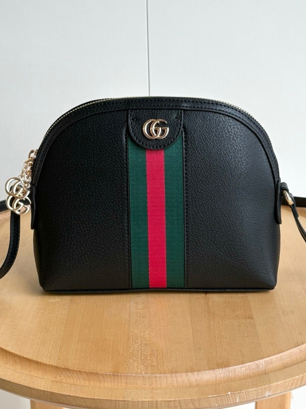 Black Leather Crossbody Bag with Green and Red Stripe